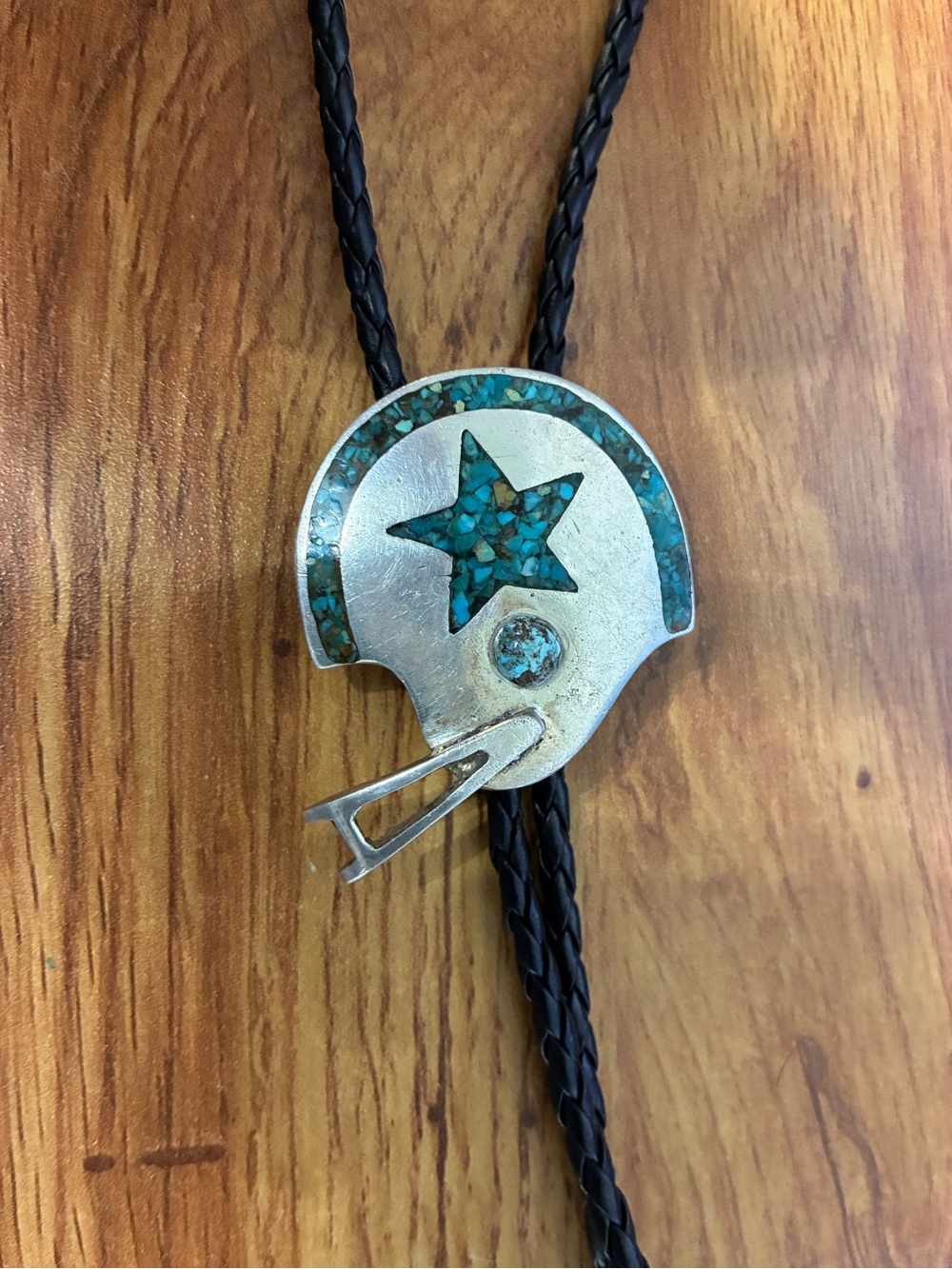 Vtg Turquoise Inlay Football Helmet Bolo Tie
